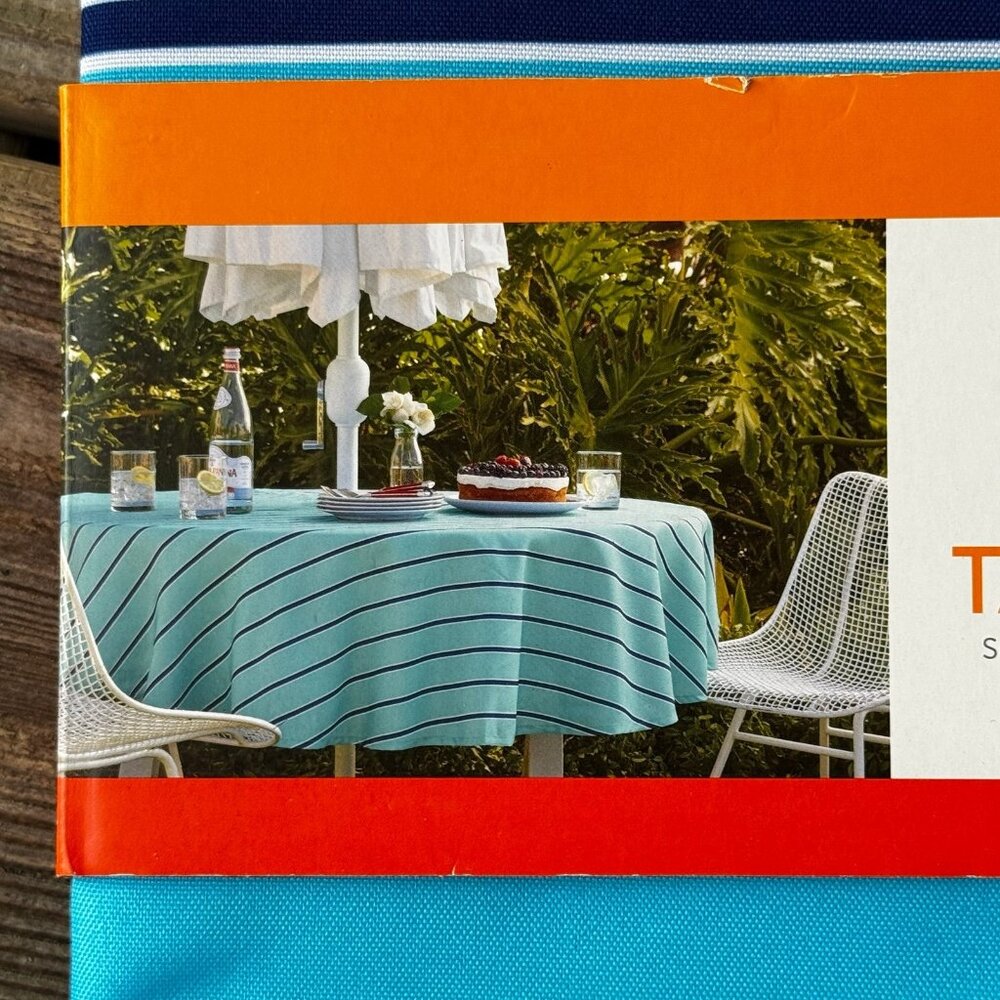 NEW NWT Target Fabric Tablecloth Round 70 Inch Diameter Blue with White Stripes - Picture 2 of 5